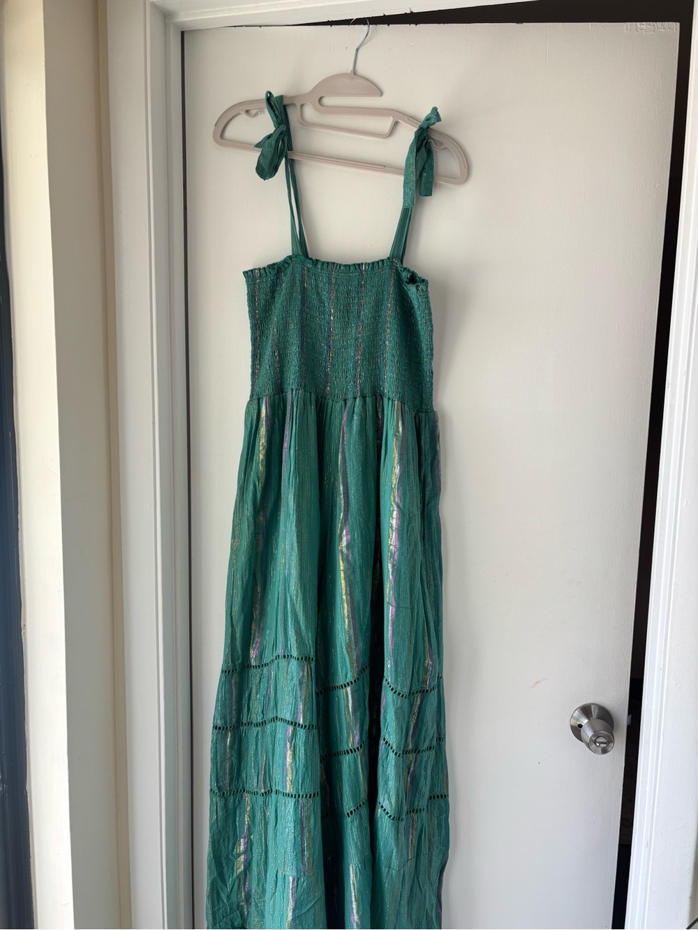 Green Tie-Shoulder Smocked Maxi Jumpsuit